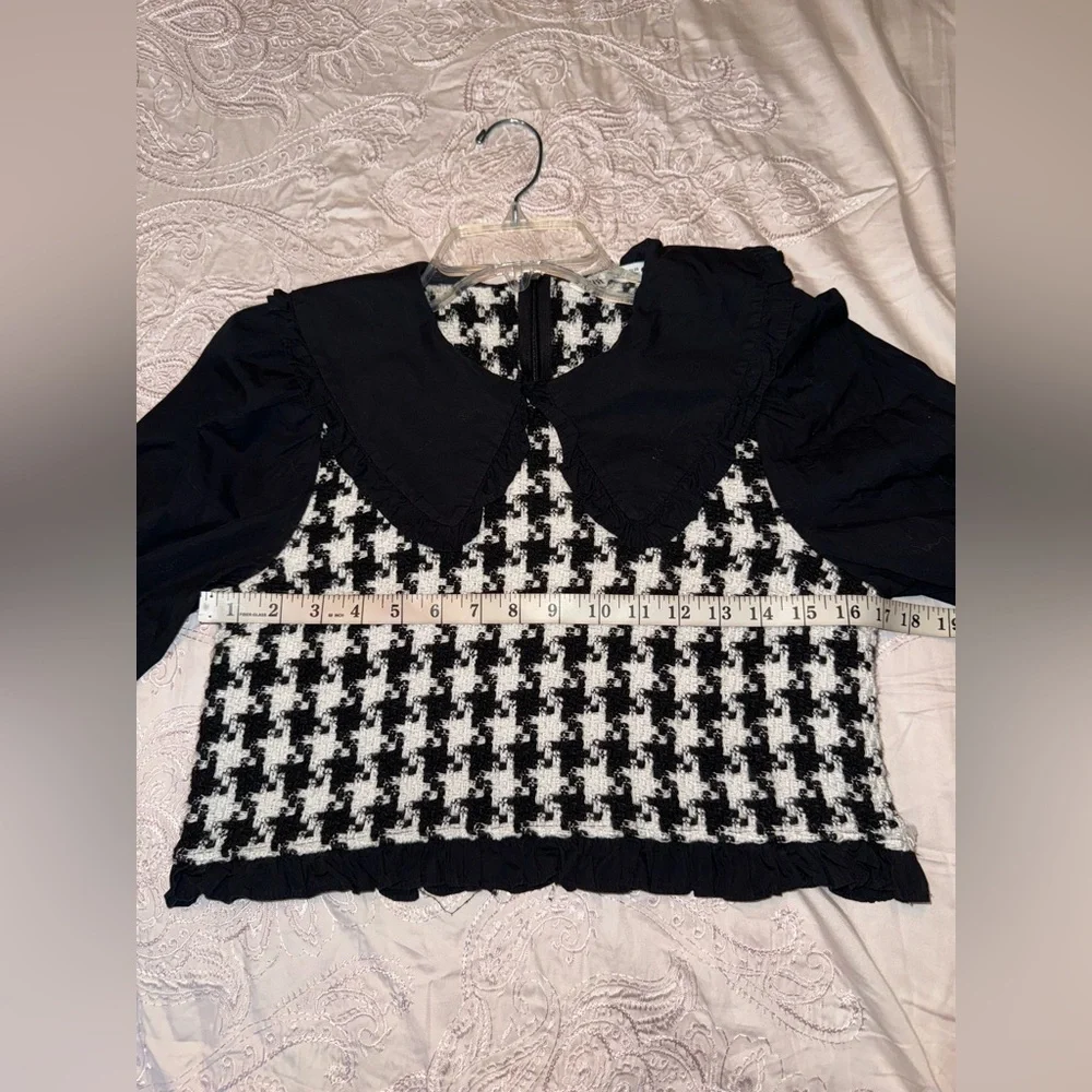 Zara Houndstooth Tweed Peter Pan Collar Cropped Top Size S
